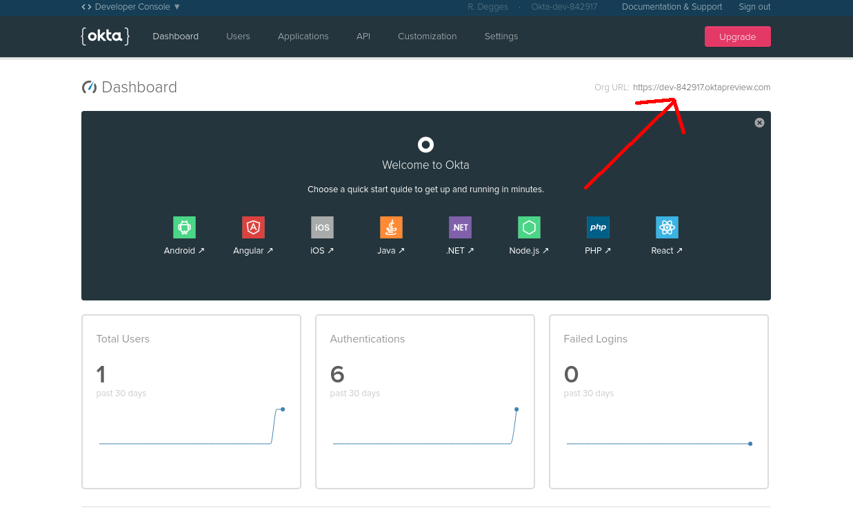 Okta developer dashboard highlighting the org URL.