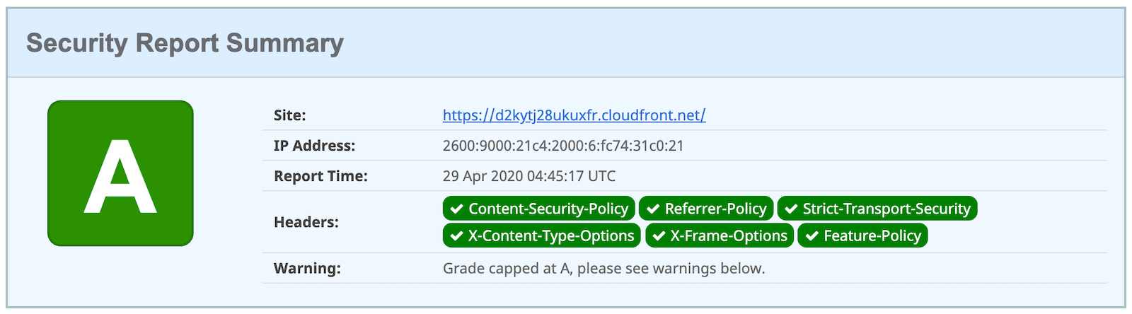 AWS score from securityheaders.com