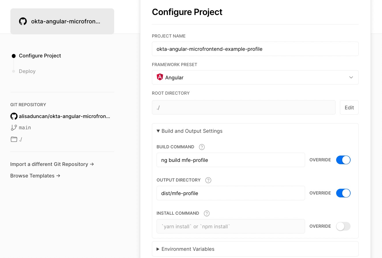 Vercel configuration for mfe-profile application. The build command is set to 'ng build mfe-profile' and the output directory is 'dist/mfe-profile/'