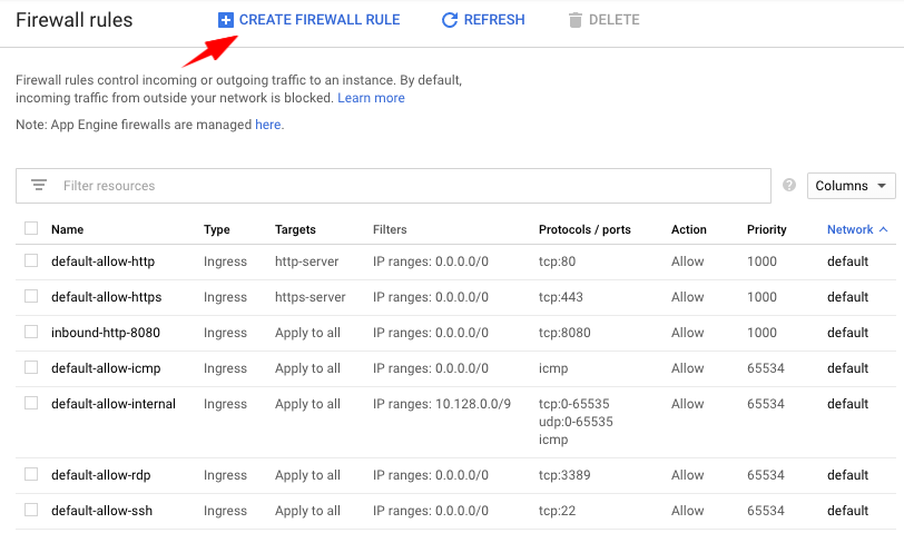 GCP create firewall rule button