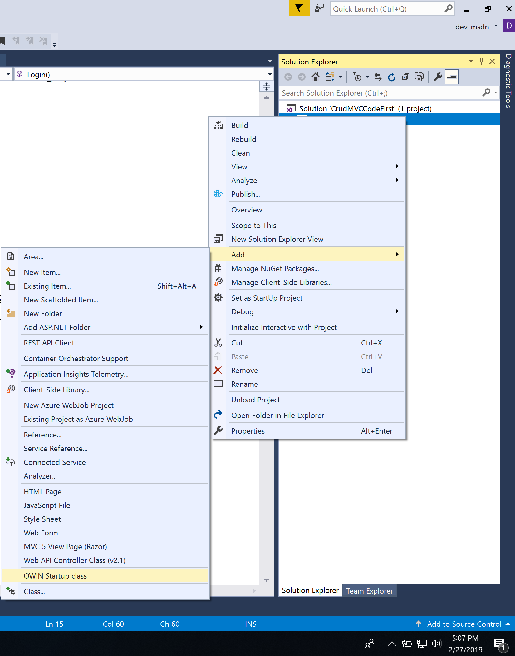 Visual Studio Add OWIN Startup file