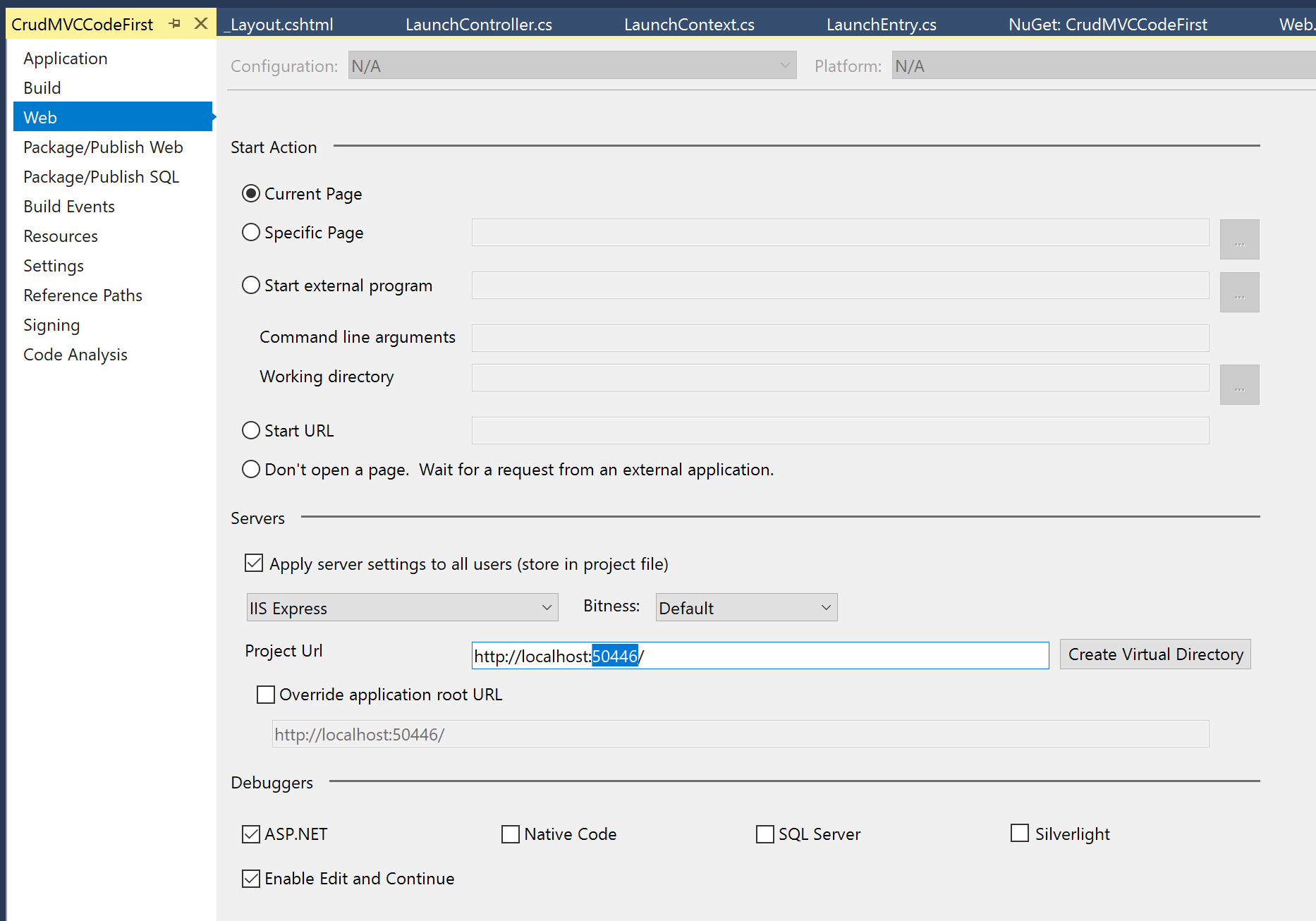 Visual Studio project settings URL