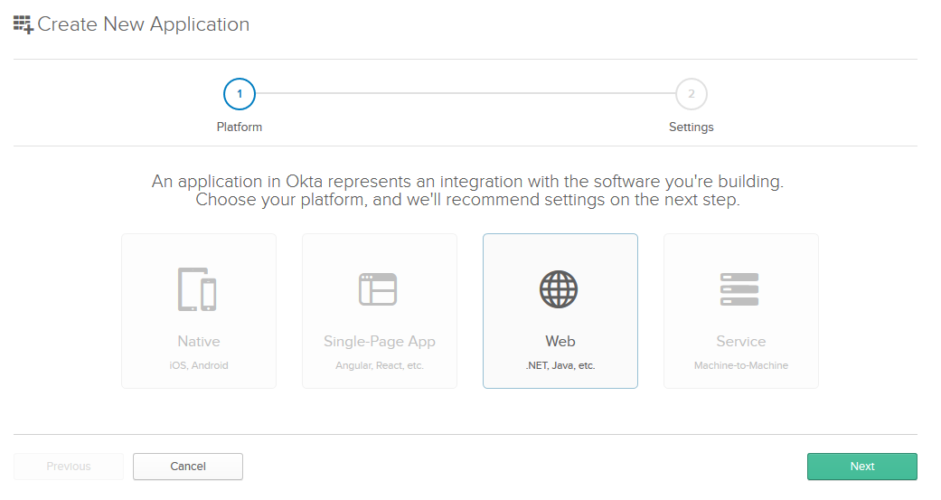 Okta new application page