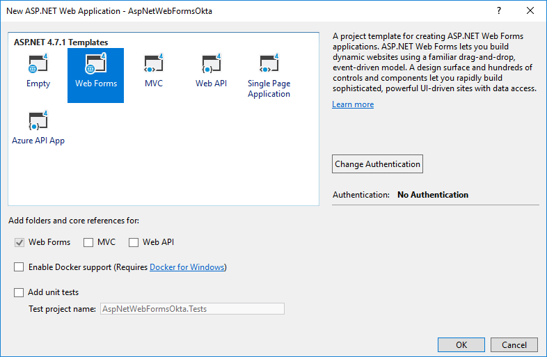 Visual Studio new webforms app dialog