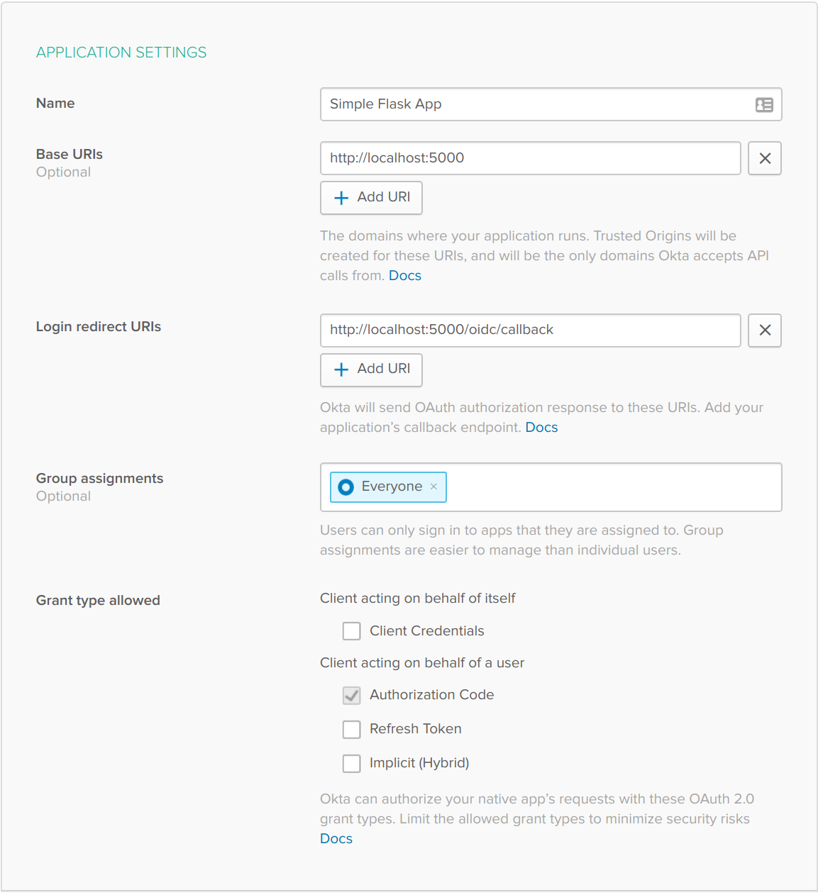 Okta create application settings page