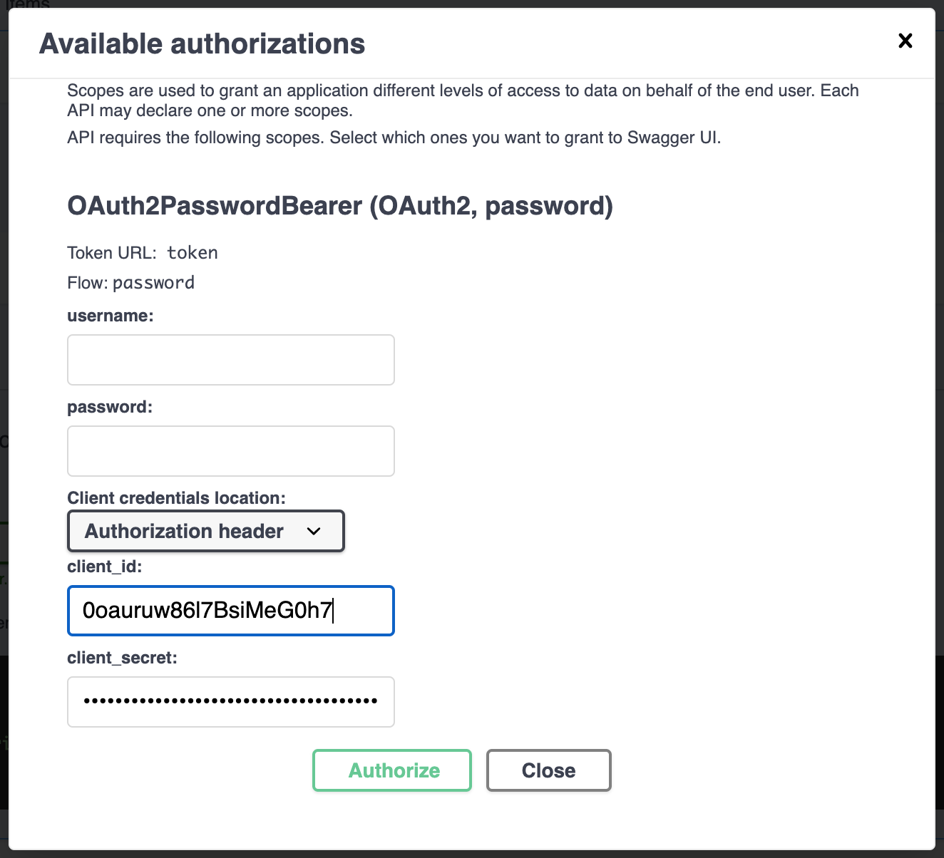 Authorization in FastAPI documentation