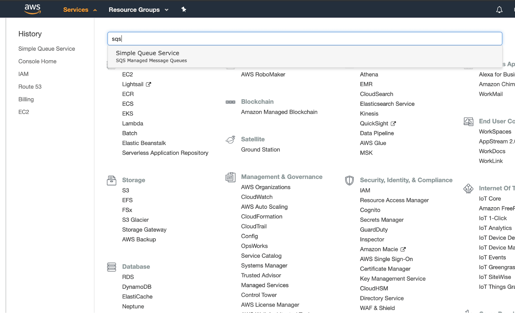 AWS services menu