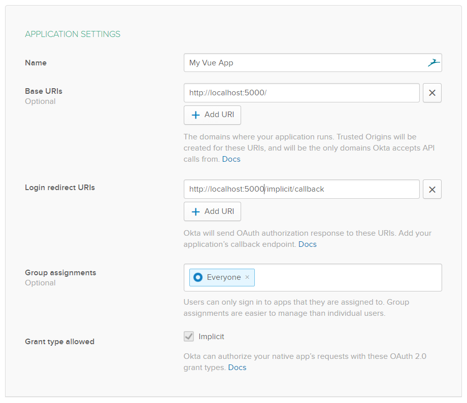 Okta application settings