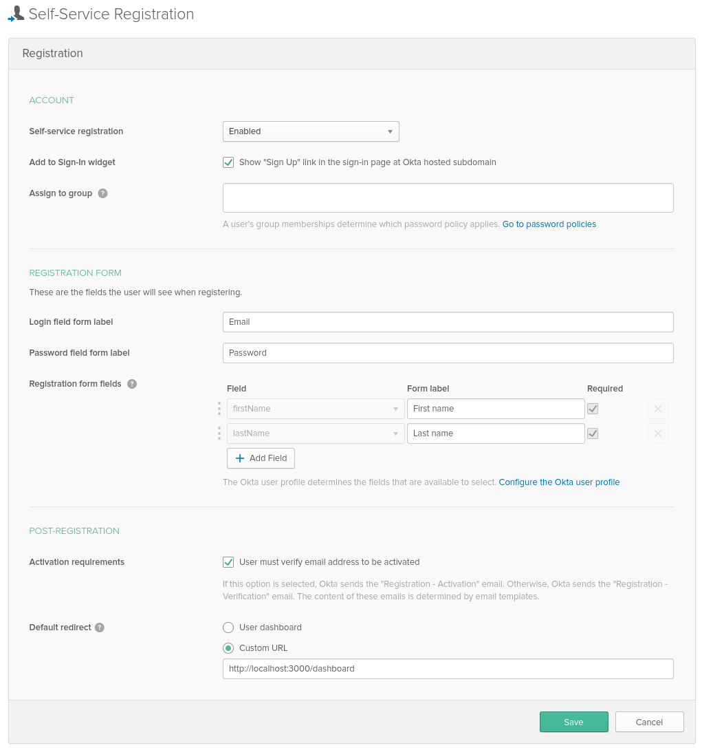 Okta registration settings