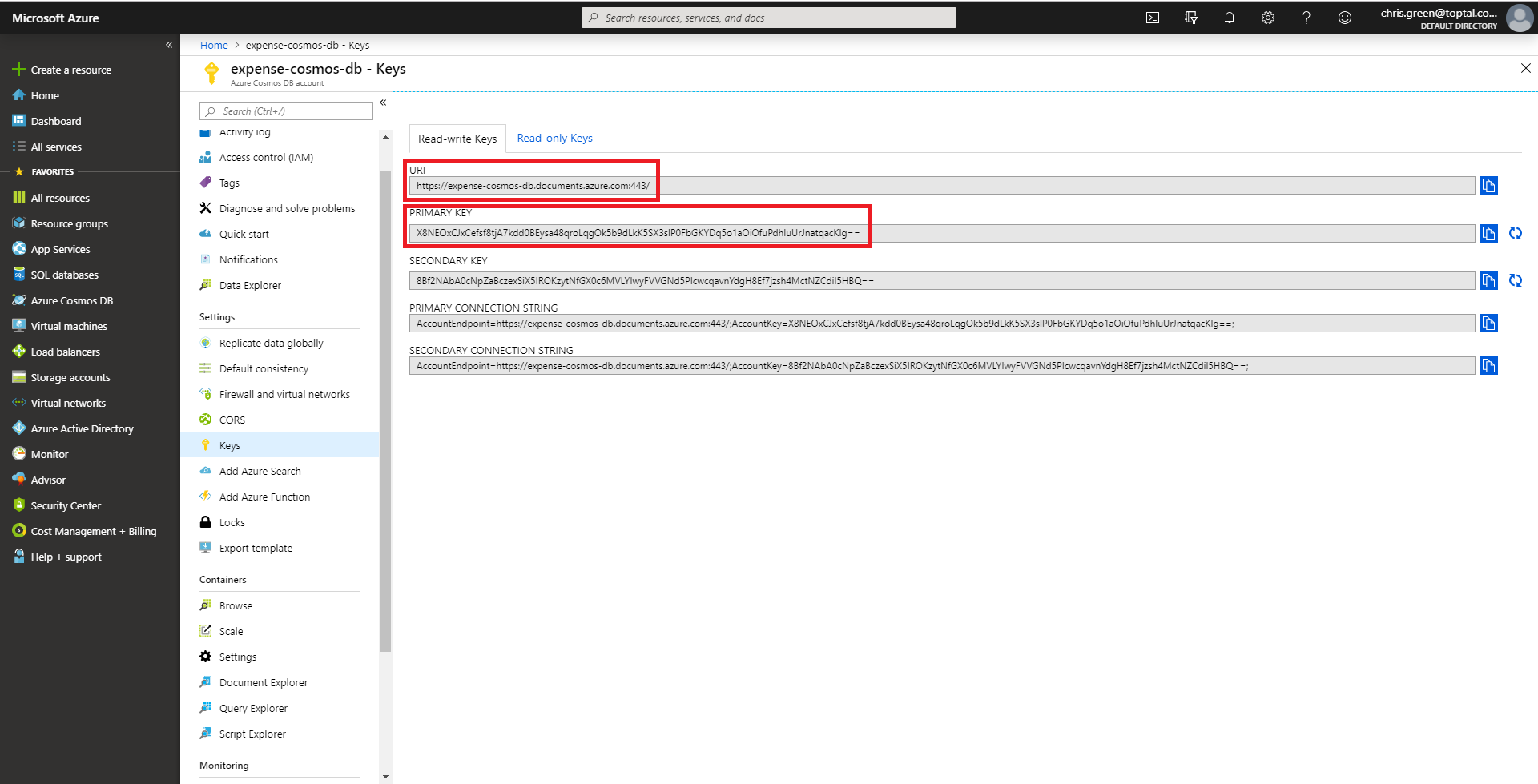 Azure Cosmos Keys