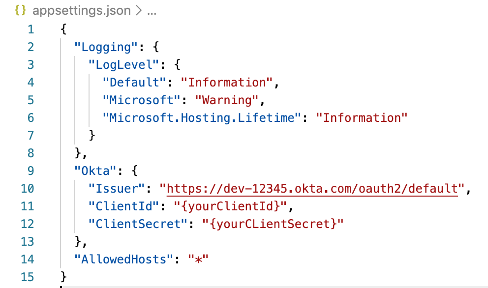 screenshot of appsettings.json