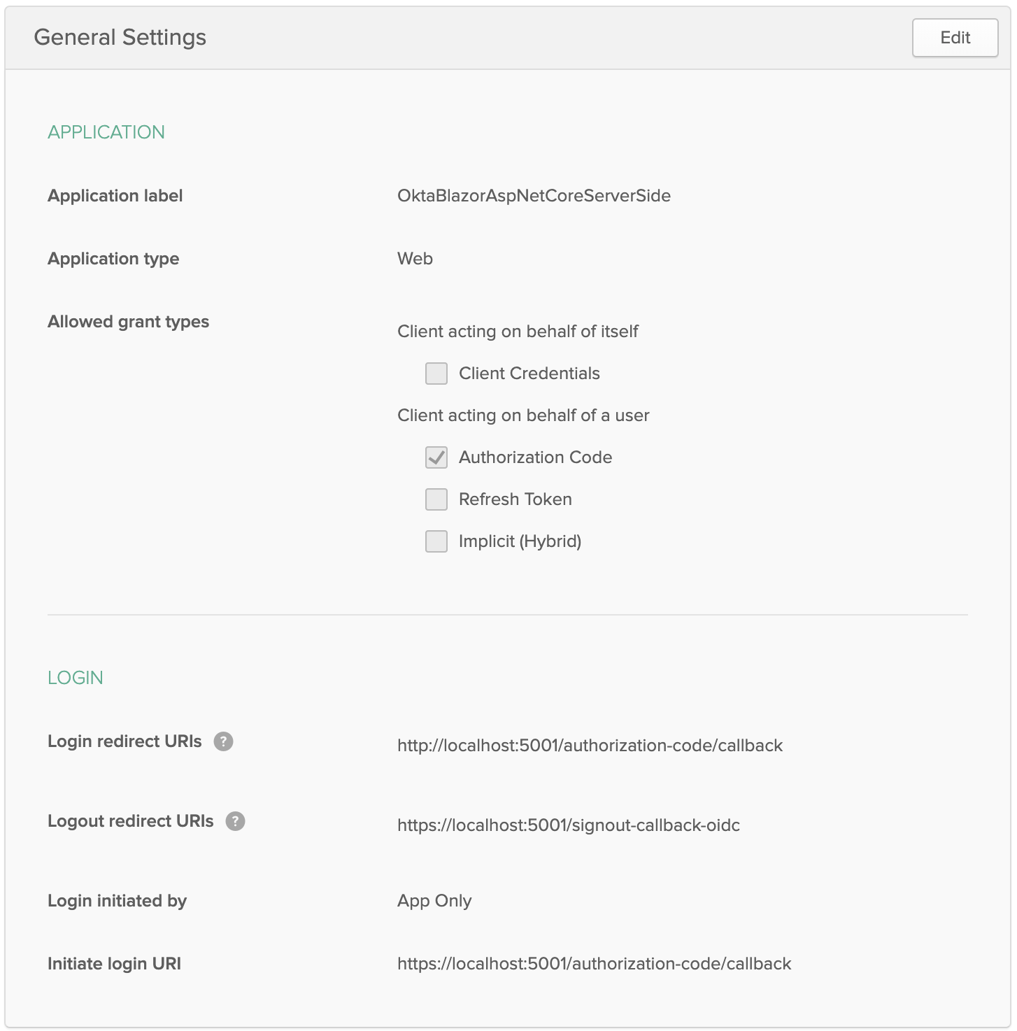 Okta application settings configuration