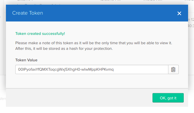 Screenshot of the Okta screen for creating an API token.