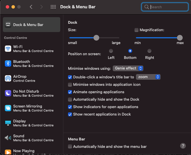 Screenshot of macOS Dock settings panel