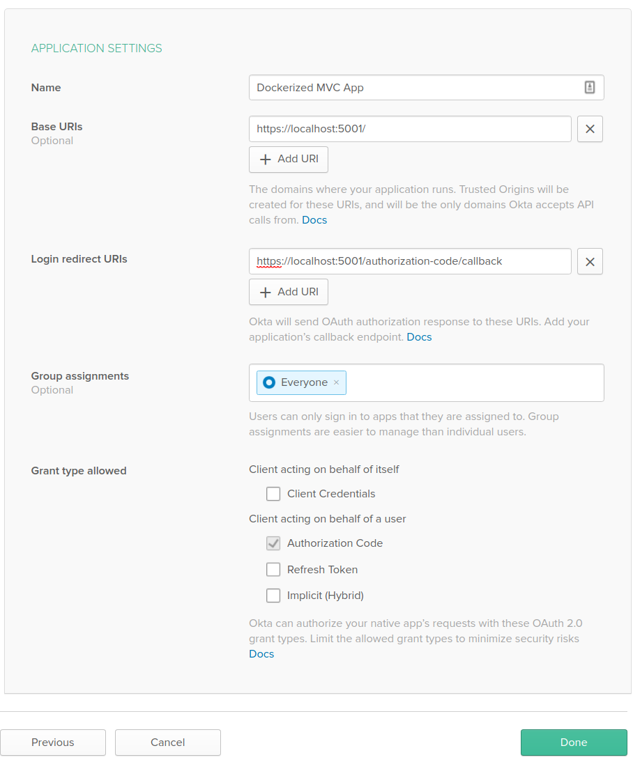 Okta Application Settingss