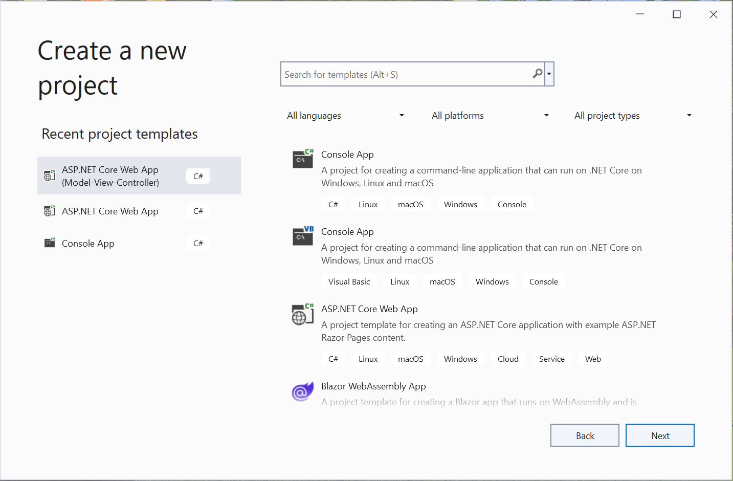 visual studio create a new project dialog