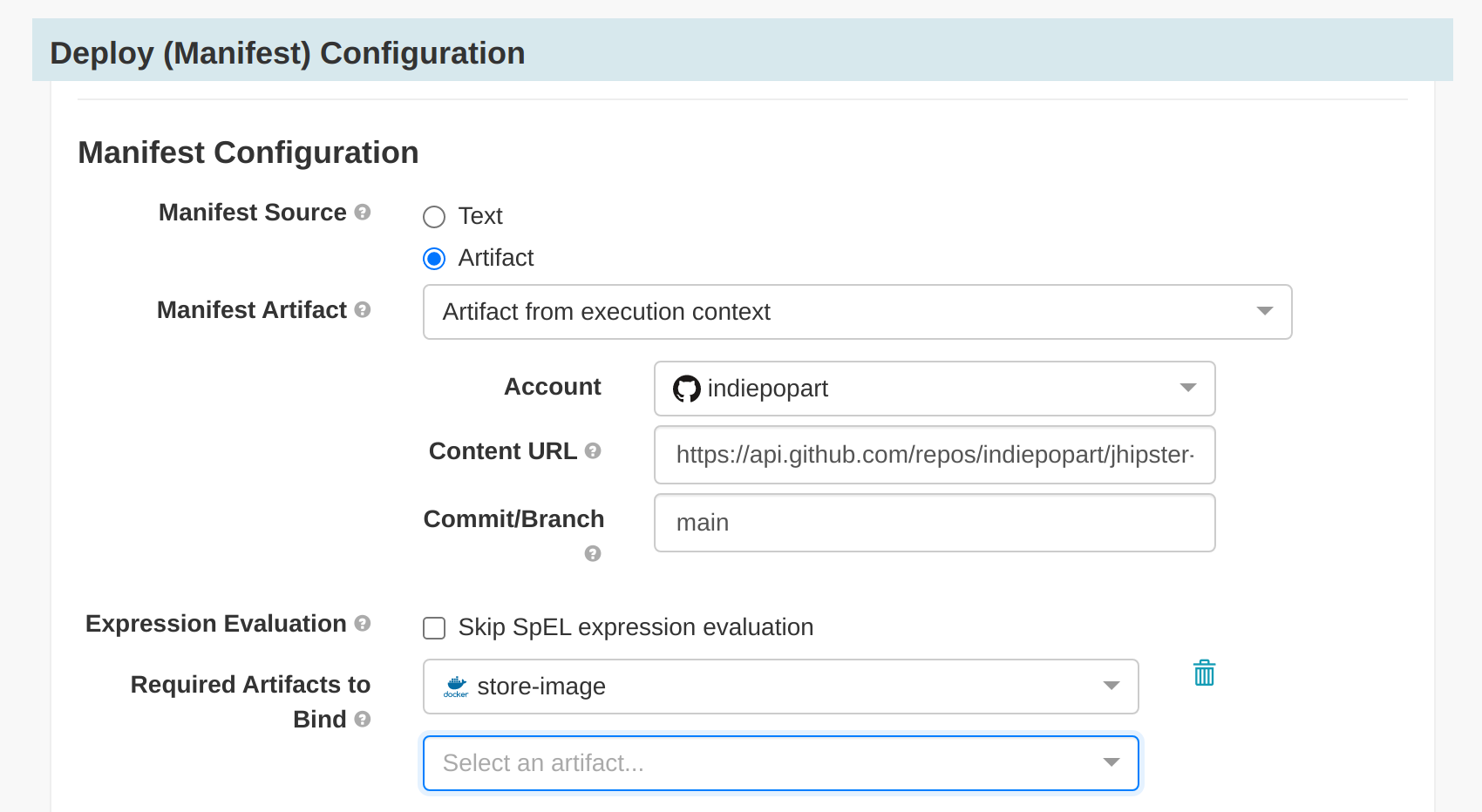 Spinnaker deploy manifest configuration binding artifact