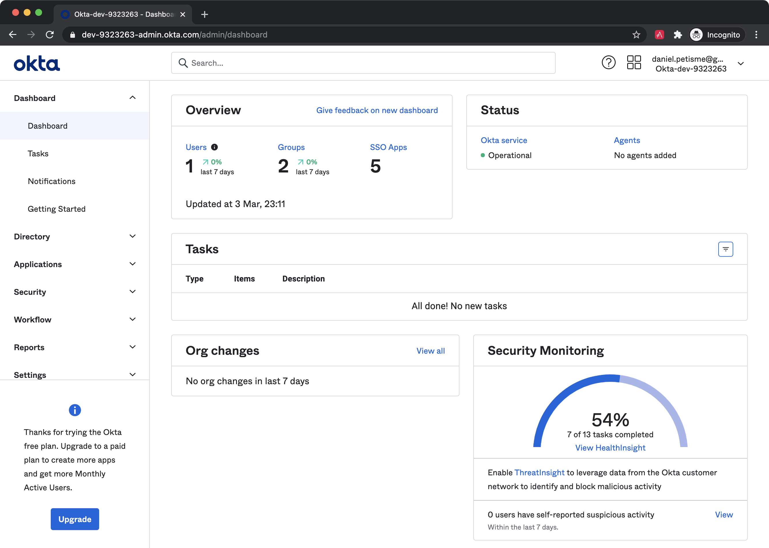 Okta developer console homepage