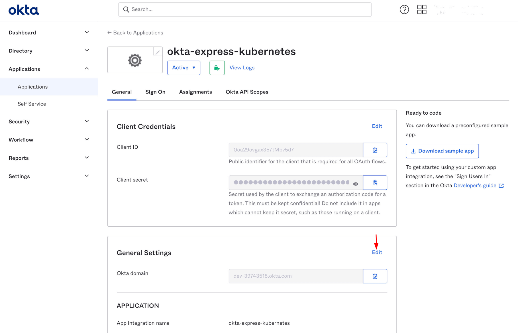 Okta console application general settings