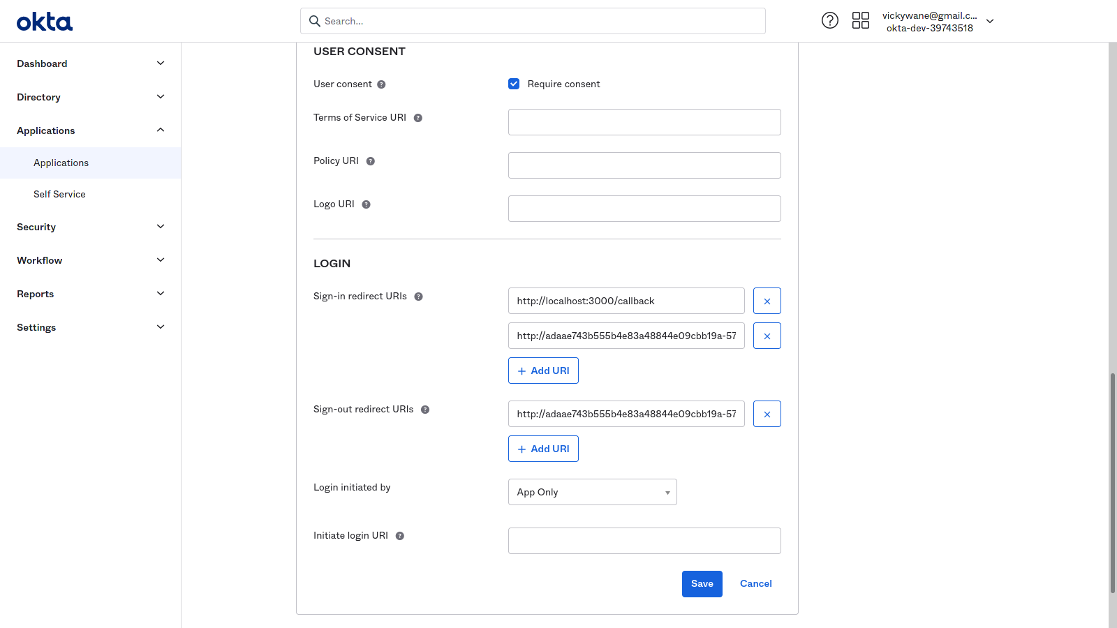 Okta console application login sections