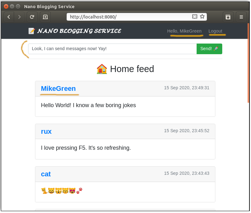 Nano Blogging Service screenshot with logged-in user