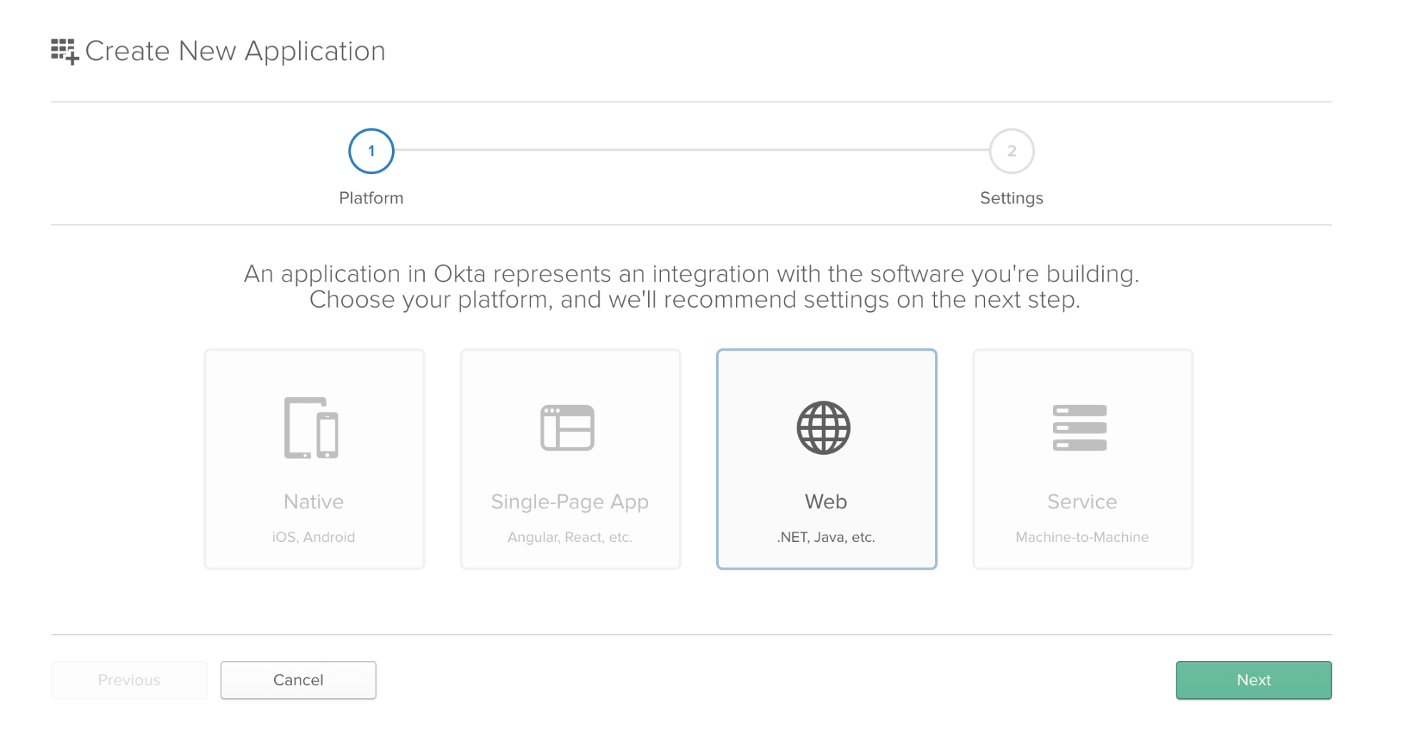 Select Web from the list of application types