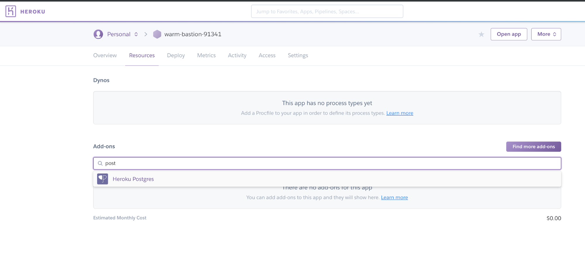 Screenshot of Heroku admin dashboard