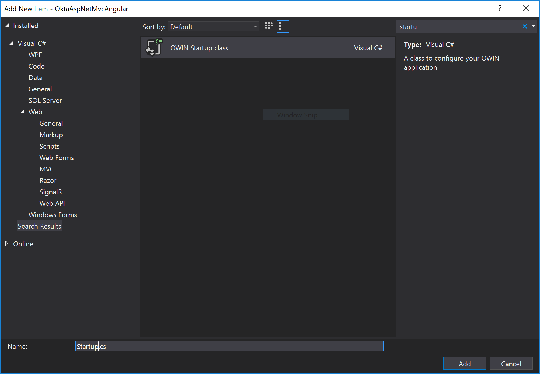 visual studio add owin startup