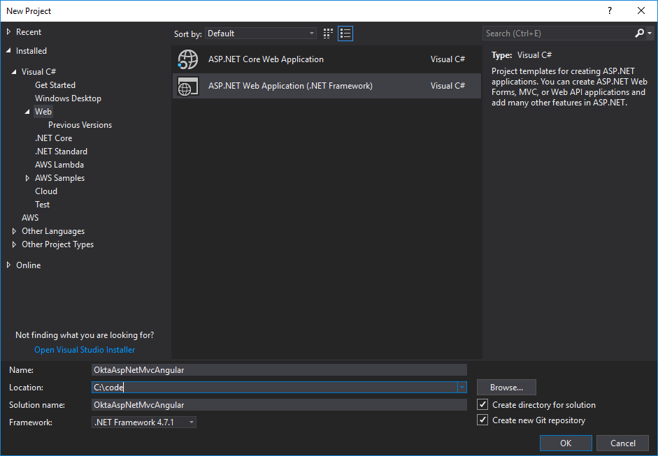 visual studio file new project