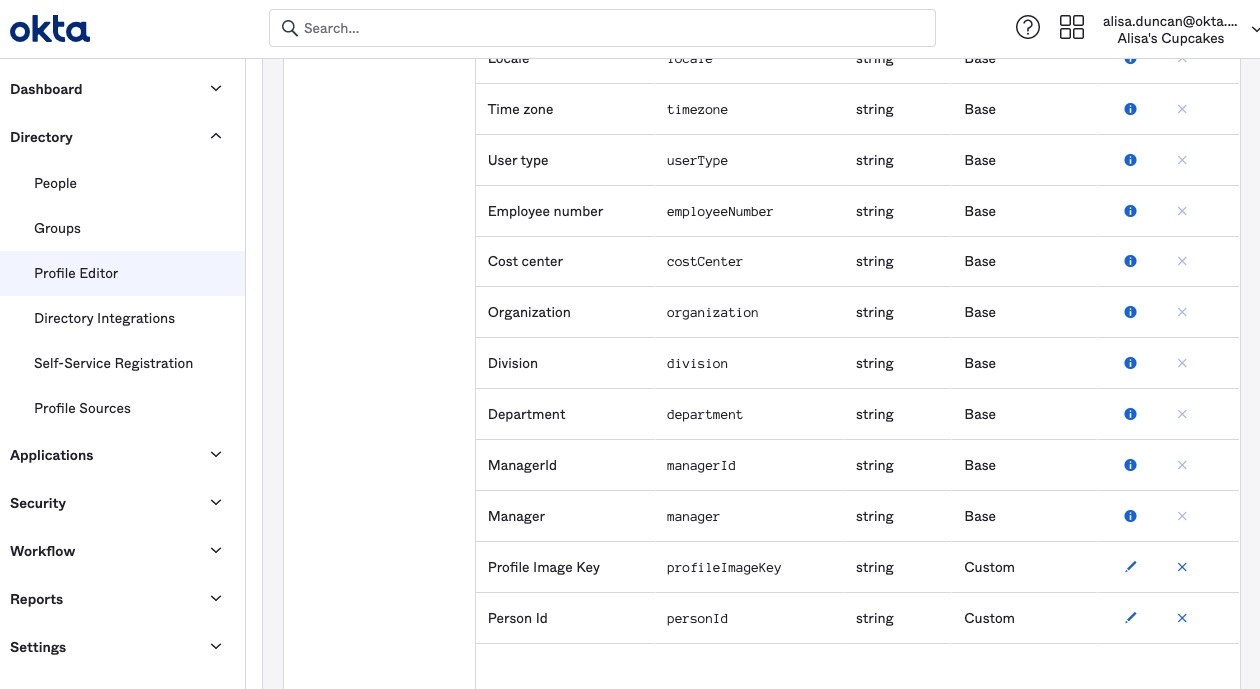 User (default) user type list of attributes with the two new attributes for 'Profile Image Key' and 'Person ID'.