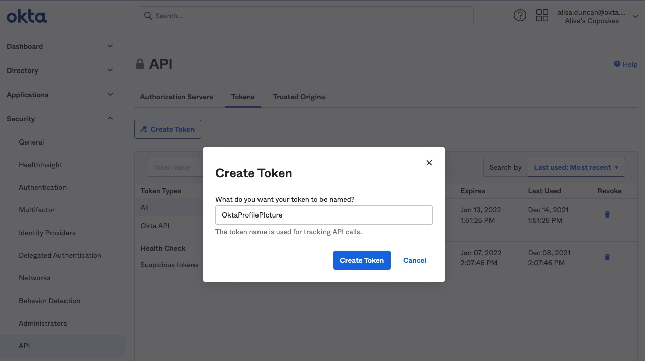 Screenshot of Okta dashboard to create a token