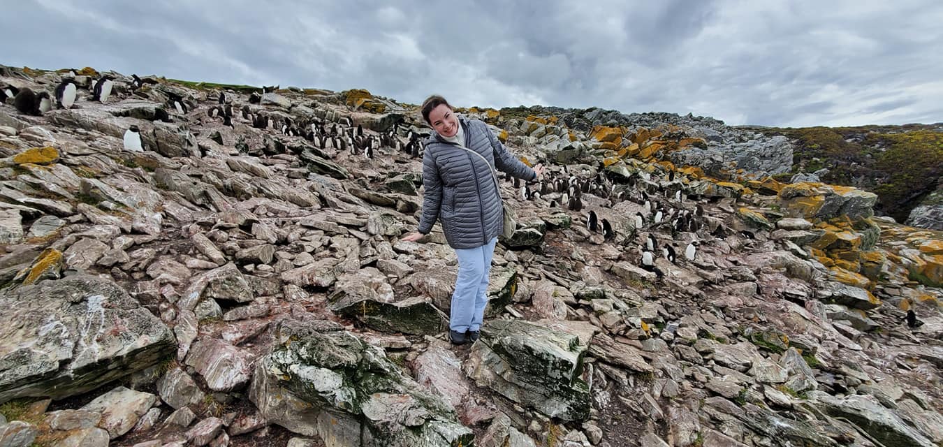 Heather with Rockhopper Penguins