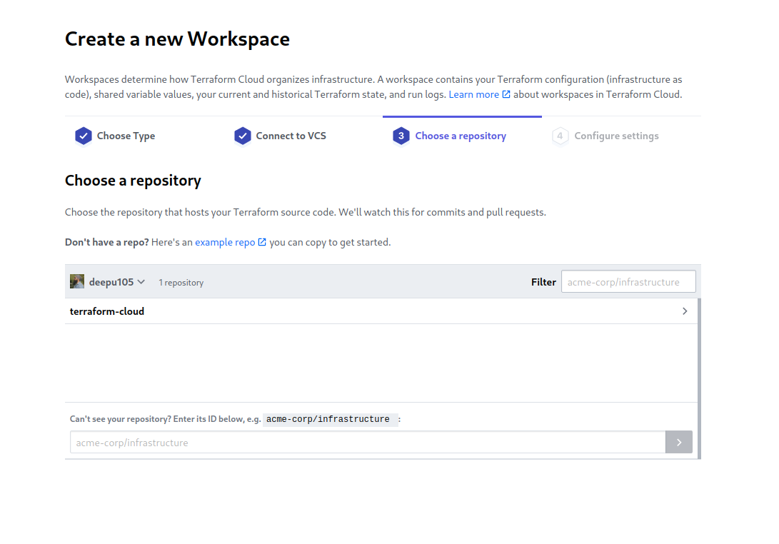 Terraform Cloud select repository