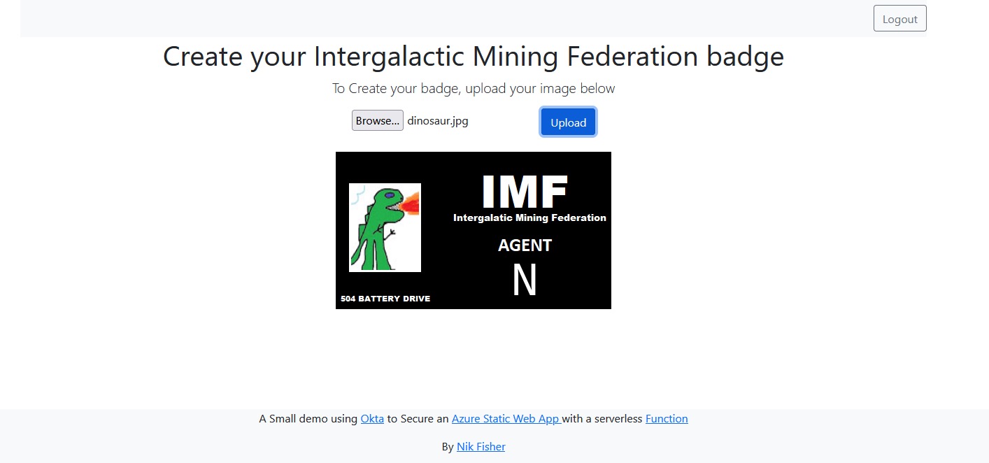 Screenshot depicting final application with an Intergalactic Mining Federation Agent badge that includes a profile image of your choosing along with your name