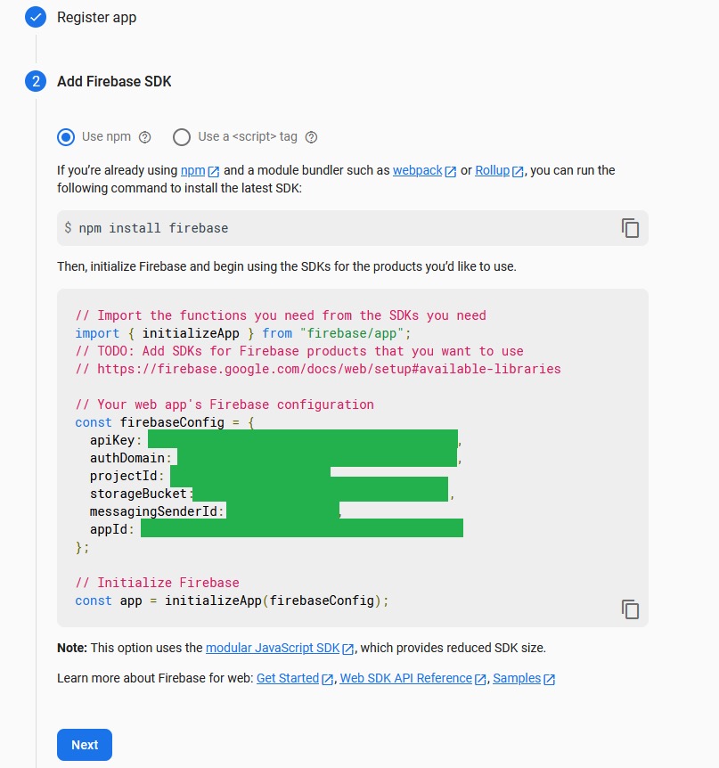 Firebase configuration generated by Firebase console under 'Add Firebase SDK' step