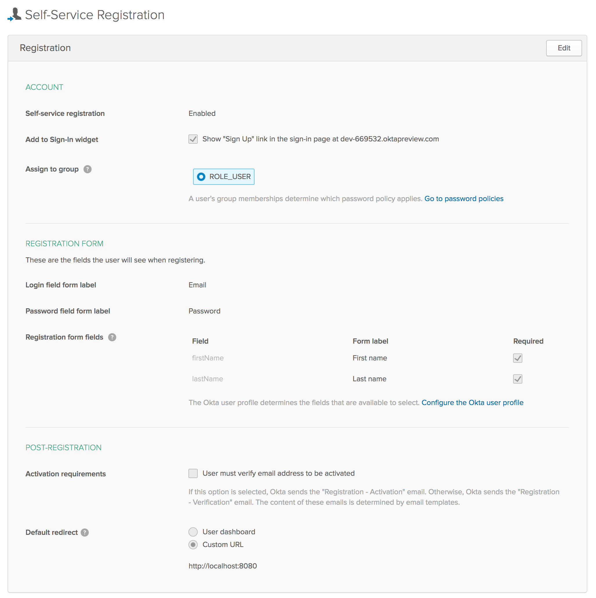 Okta Self-Service Registration Settings