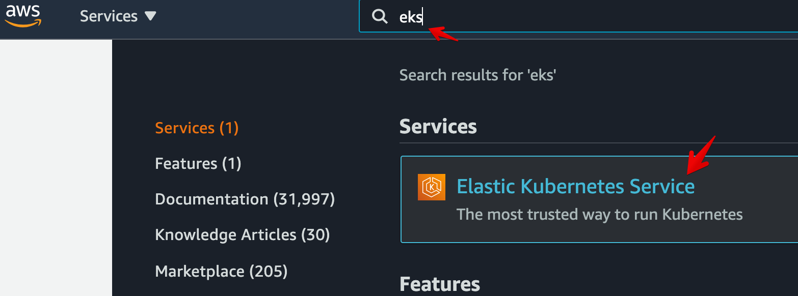 AWS Console EKS Service