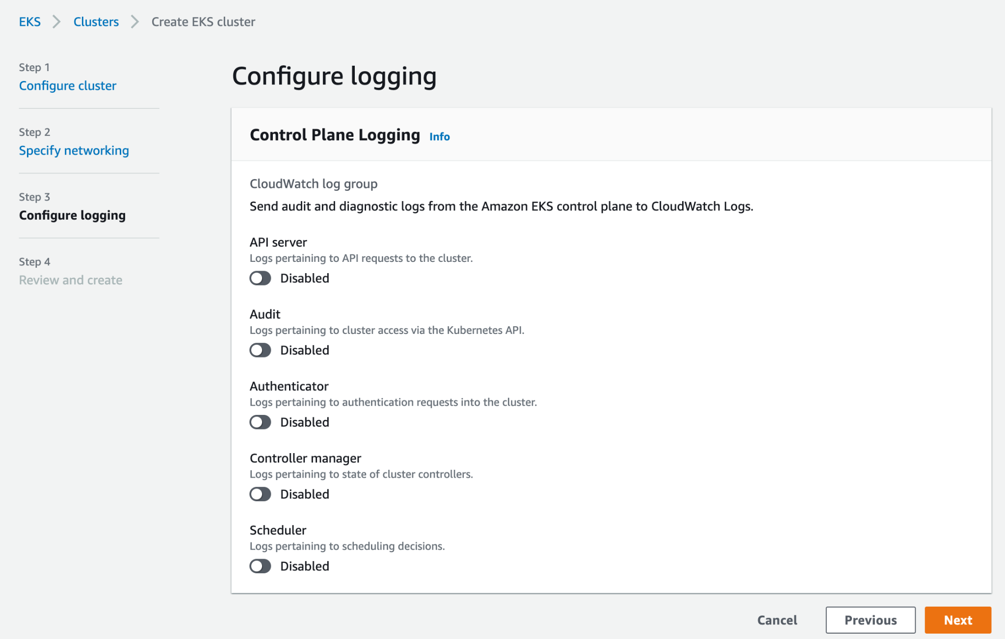 EKS Cluster - Configure logging