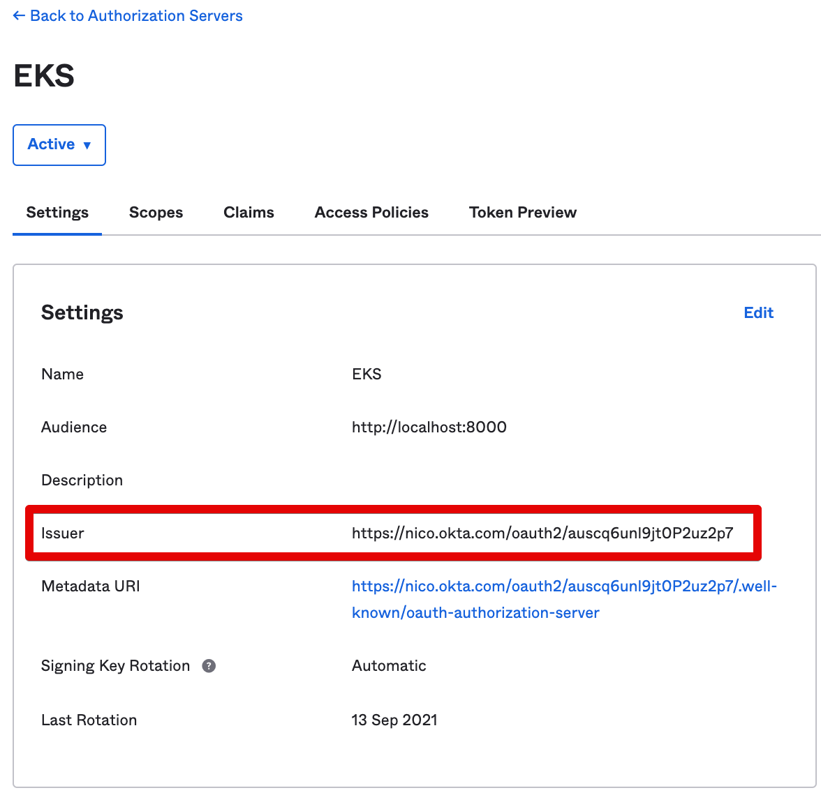 Okta Admin Console - Authorization Server Settings Tab