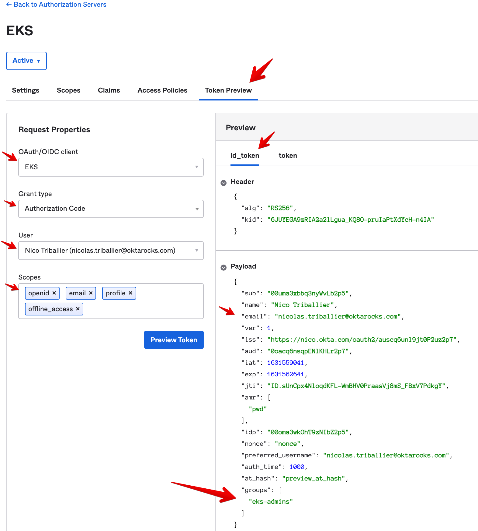 Okta Admin Console - Authorization Server - Token Preview Tab