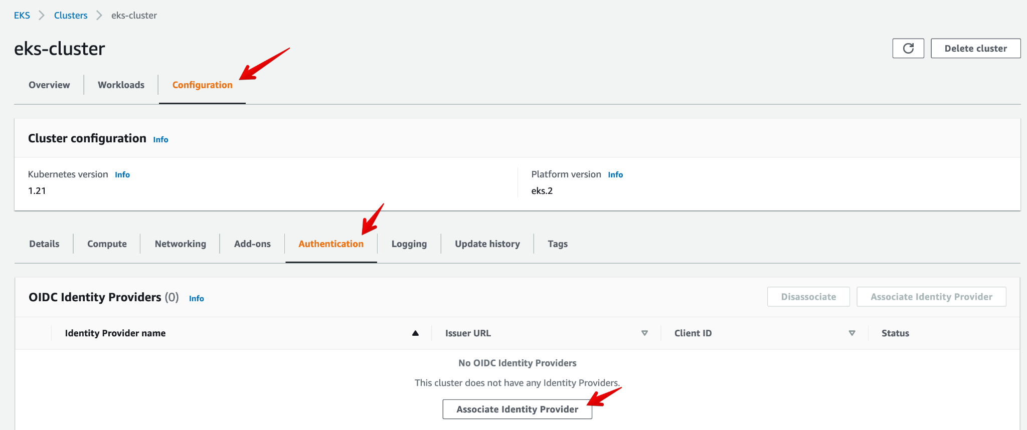 AWS Console - EKS Cluster - Authentication Tab