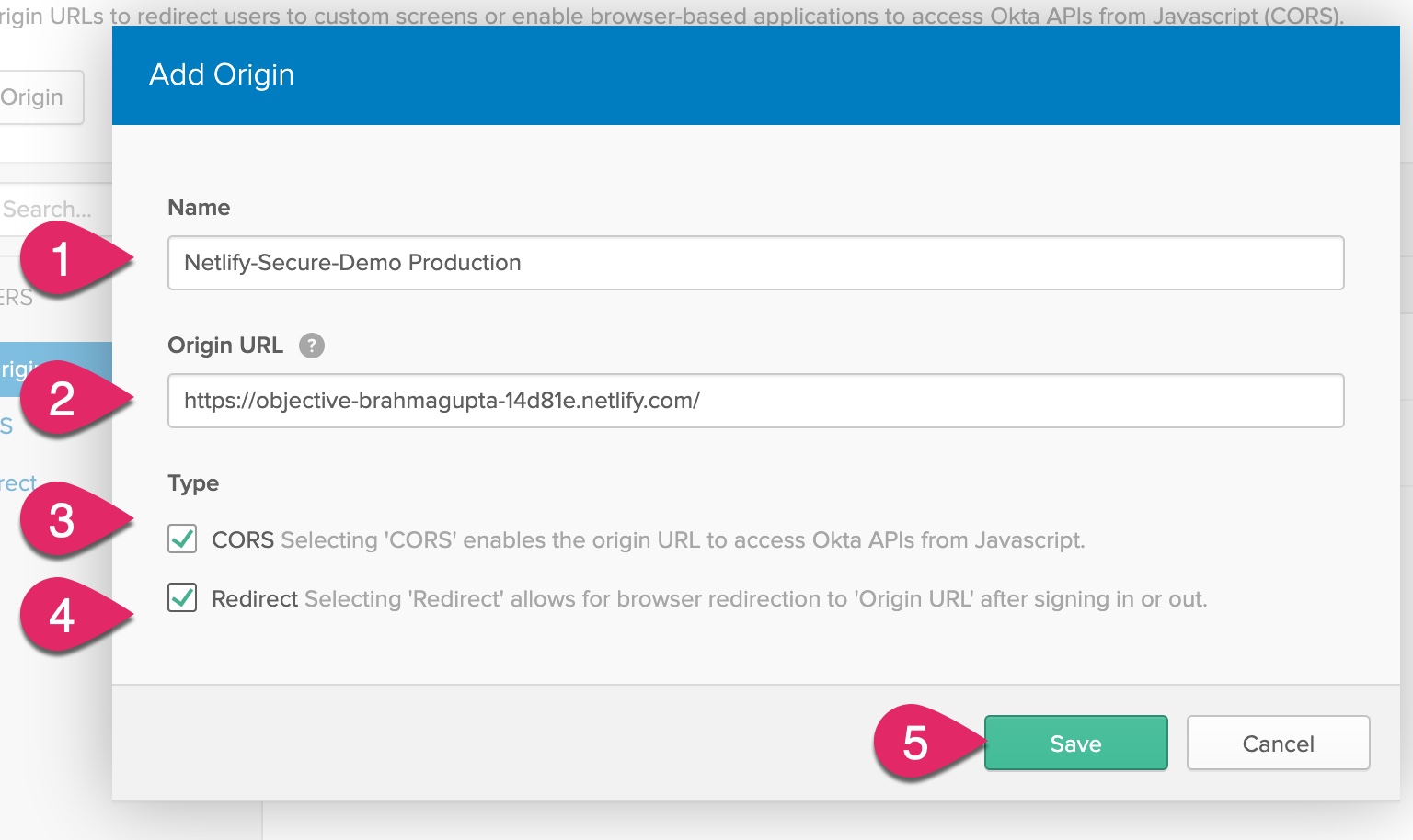 Trusted origin name, URL, CORS and Redirect settings