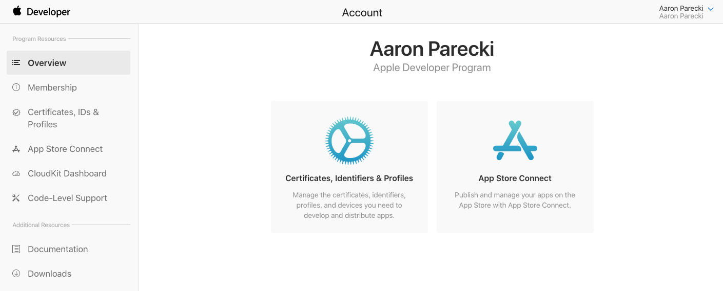 Apple developer account dashboard