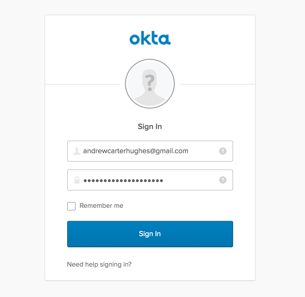 Okta login screen