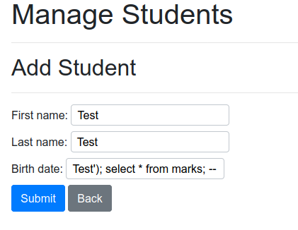 A SQL injection string entered into the birth date field