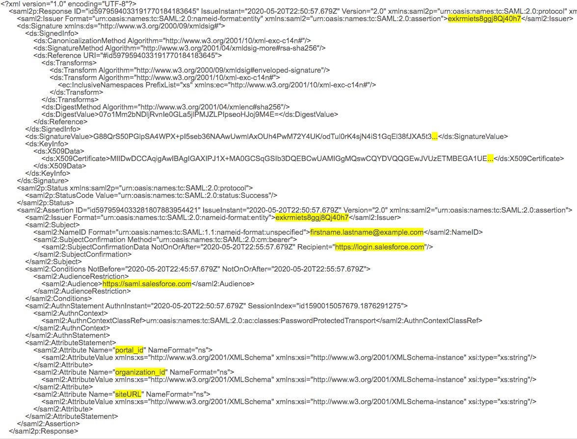 An example SAML assertion with highlighting from rockstar