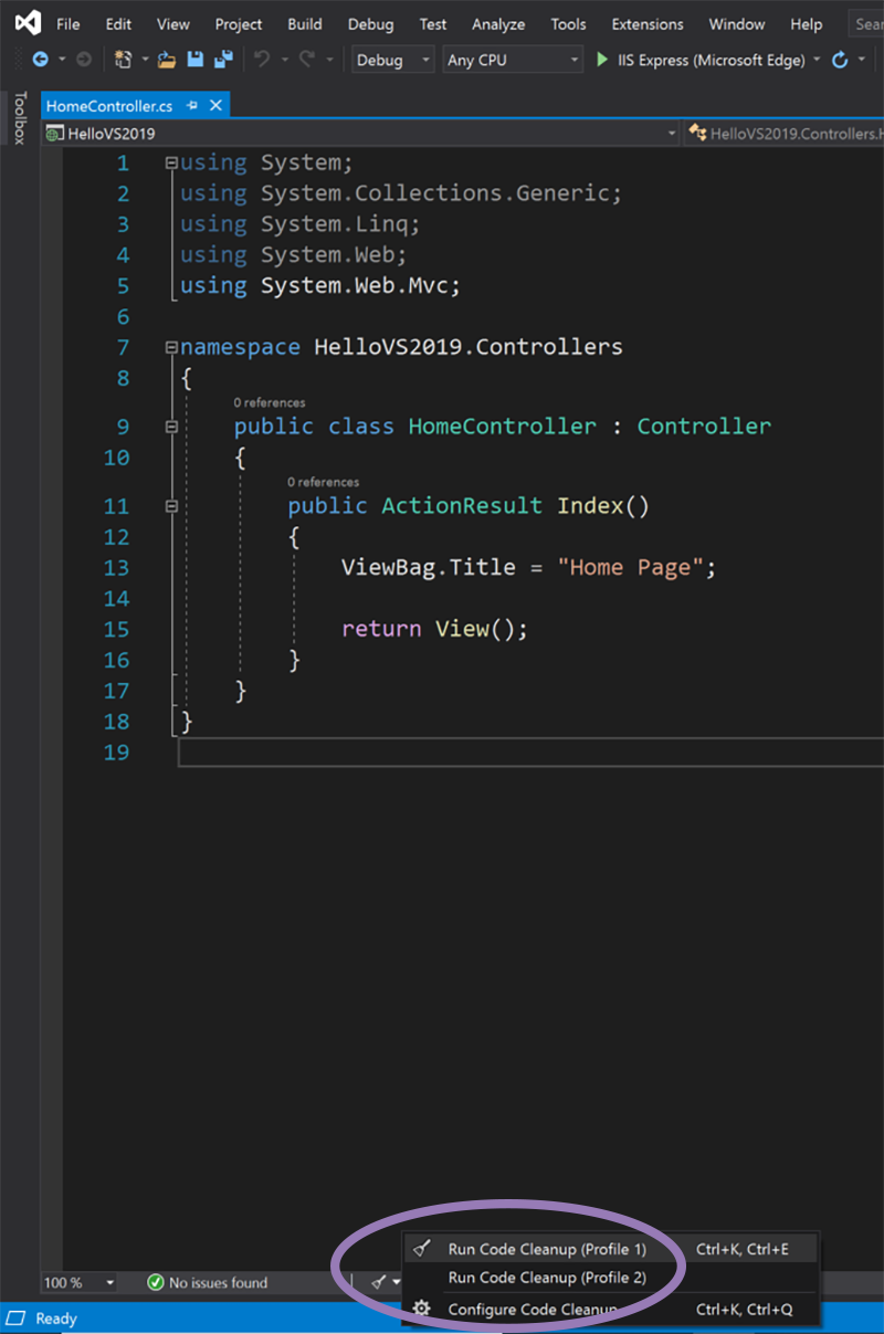 VS 2019 Code Cleanup run