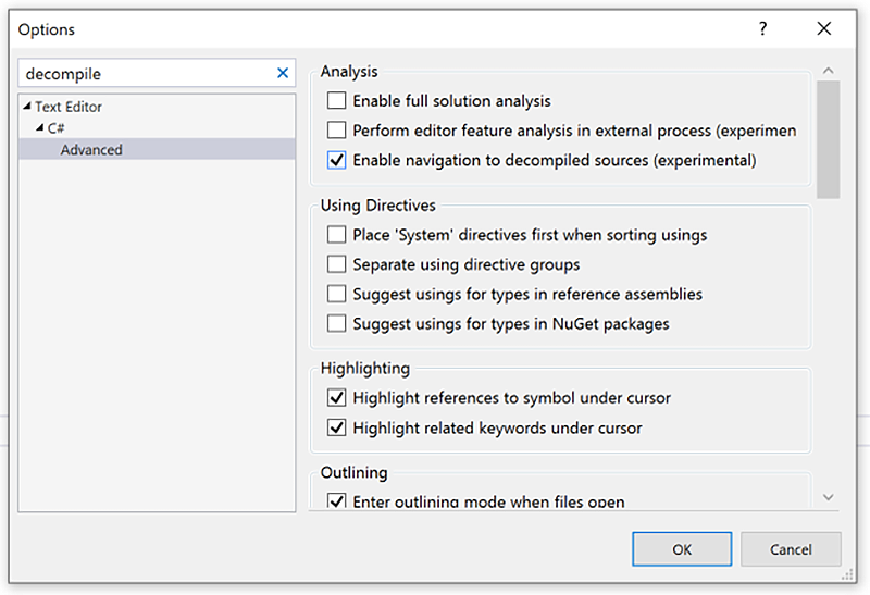 VS 2019 Options Advanced Window