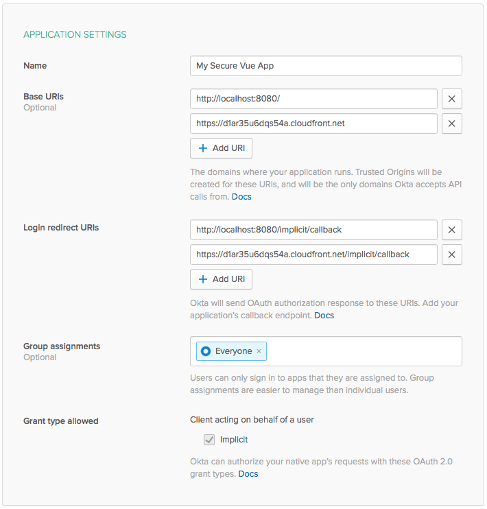 Okta Application Settings