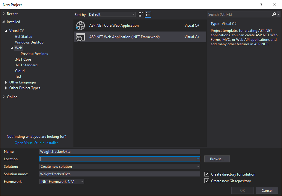 Visual Studio new project dialog